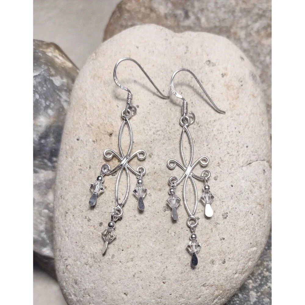 .925 Sterling Silver Crystal  Scroll Dangle Earrings